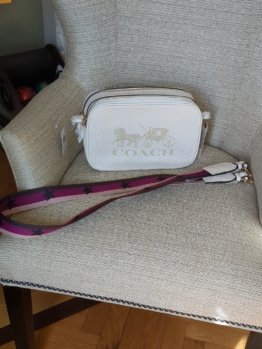 Coach White Pebbled Leather Camera Crossbody with Star-Print Strap